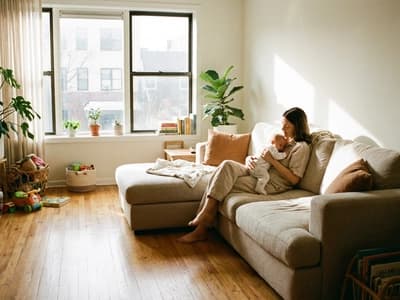 A new mother cradles her baby on a sunlit couch, finding a moment of calm amidst the visual clutter of a lived-in space, a common challenge for parents with ADHD
