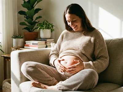 A pregnant woman smiling on a couch. The executive function demands of preparing for a baby are a major challenge for parents with ADHD