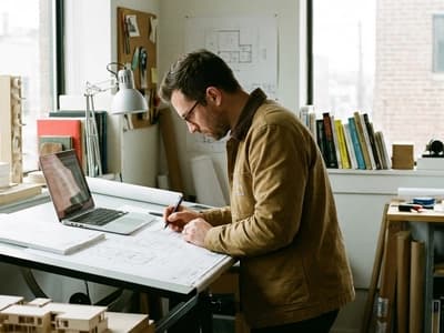 An architect focused on drafting plans. Hyperfocus, a common ADHD trait, allows for intense concentration on engaging tasks like this