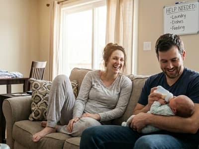 New parents laugh while feeding the baby. The Help Needed list shows the organizational demands, which are often difficult for those with ADHD