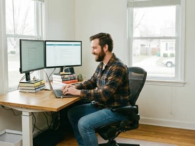 Organized dual-monitor setup. A structured, ergonomic workspace helps manage the executive dysfunction often seen in ADHD