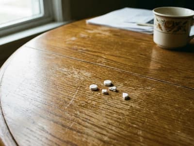 Pills are scattered on a table. A consistent medication routine is crucial, as forgetfulness is a common symptom of ADHD